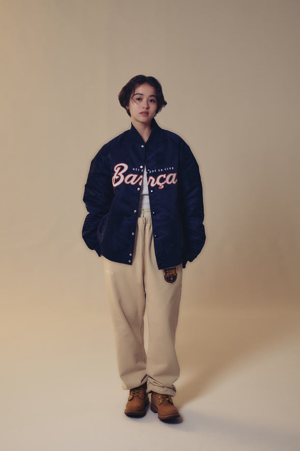 BARÇA Script Logo Nylon Varsity Jacket - Navy