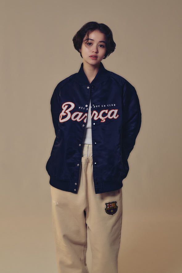 BARÇA Script Logo Nylon Varsity Jacket - Navy
