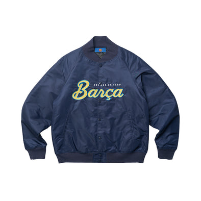 BARÇA Script Logo Nylon Varsity Jacket - Navy